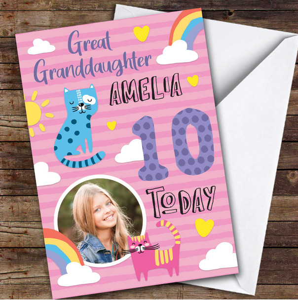 Cat Pink Rainbow Photo Great Granddaughter 10th Personalized Birthday Card