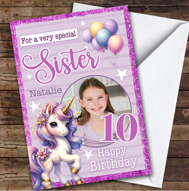 Sister 10th Unicorn Balloons Photo Girls Custom Personalized Birthday Card