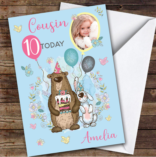 Bear Animal Cake Blue Photo Cousin 10th Custom Personalized Birthday Card