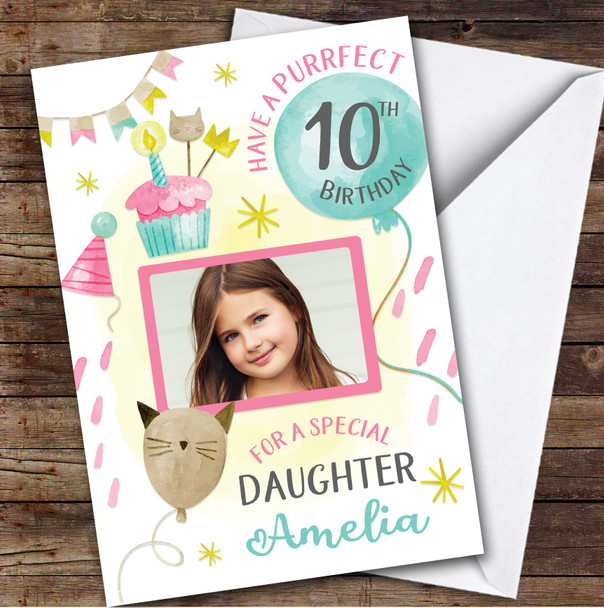 Cat Balloons Cake Photo Daughter 10th Custom Personalized Birthday Card