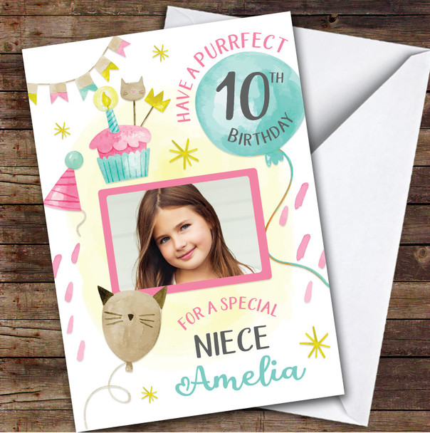 Cat Balloons Cake Photo Niece 10th Custom Personalized Birthday Card