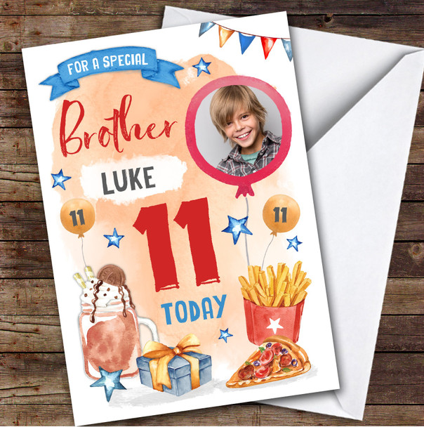 Pizza Milkshake Food Photo Brother 11th Boys Custom Personalized Birthday Card
