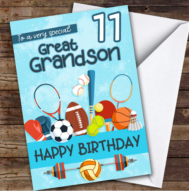Great Grandson 11th Sport Equipment Boys Custom Personalized Birthday Card