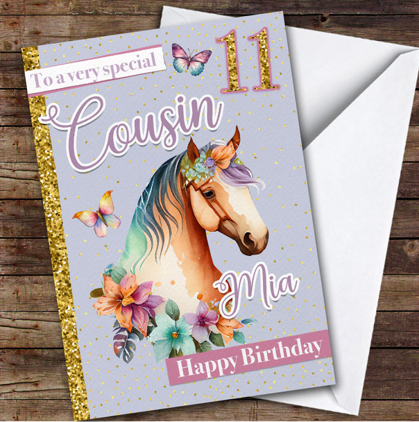 Cousin 11th Floral Horse Riding Fan Custom Personalized Birthday Card