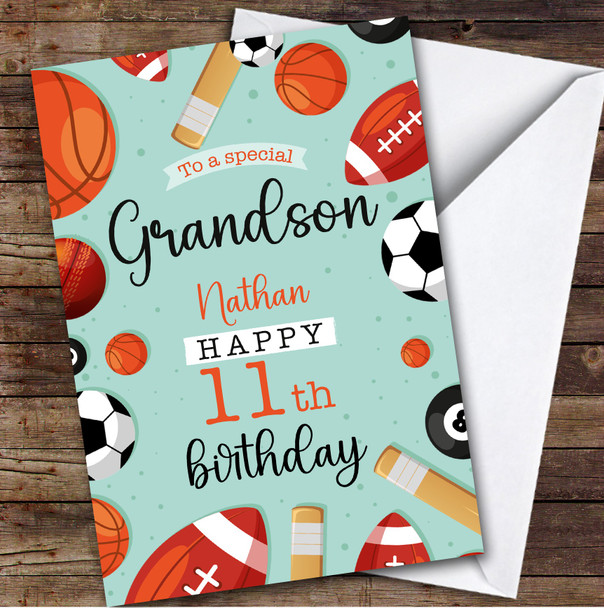 11th Grandson Sports Football Rugby Boys Personalized Birthday Card