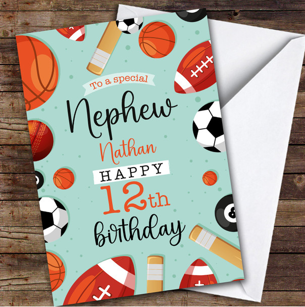 12th Nephew Sports Football Rugby Cricket Balls Boys Personalized Birthday Card