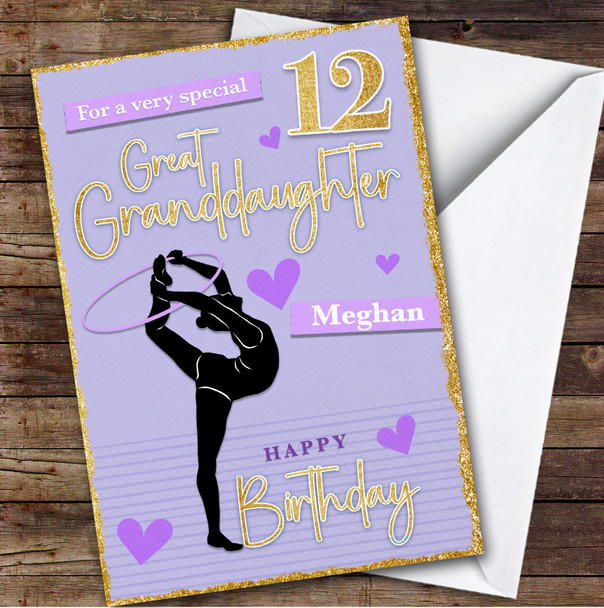 Great Granddaughter 12th Purple Gymnast Gymnastics Personalized Birthday Card