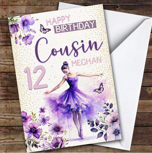 12th Cousin Purple Floral Ballet Dancer Ballerina Personalized Birthday Card