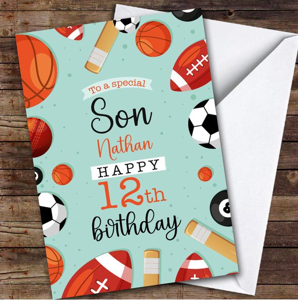 12th Son Sports Football Rugby Cricket Balls Boys Personalized Birthday Card