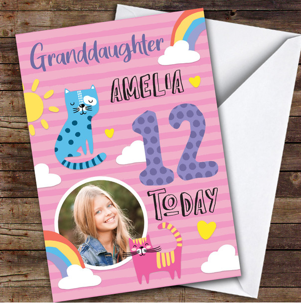 Cat Pink Rainbow Photo Granddaughter 12th Custom Personalized Birthday Card