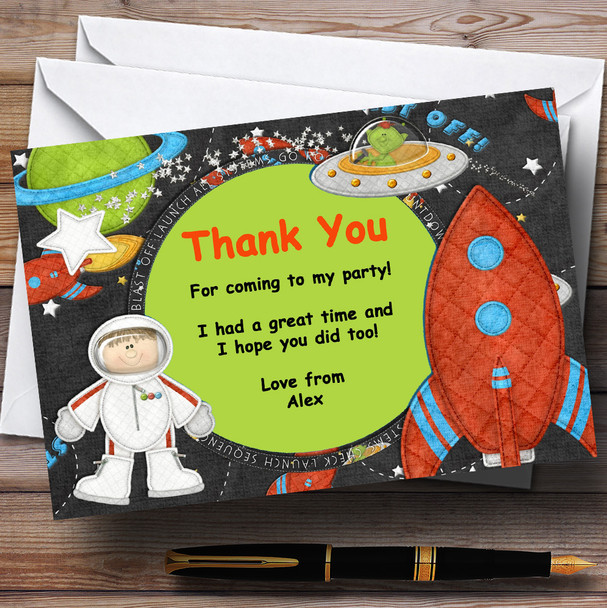 Cute Spaceman Astronaut Alien And Rocket Personalized Birthday Party Thank You Cards