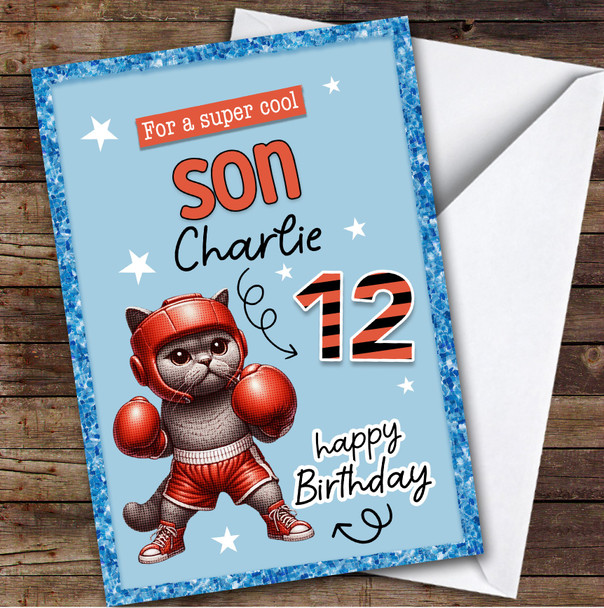 12th Son Blue Boxing Cat Boys Custom Personalized Birthday Card
