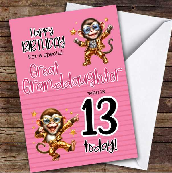 Great Granddaughter 13th Pink Dancing Monkeys Teenage Personalized Birthday Card
