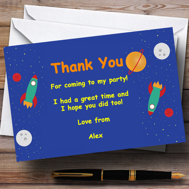 Outer Space Rocket Blue Personalized Birthday Party Thank You Cards