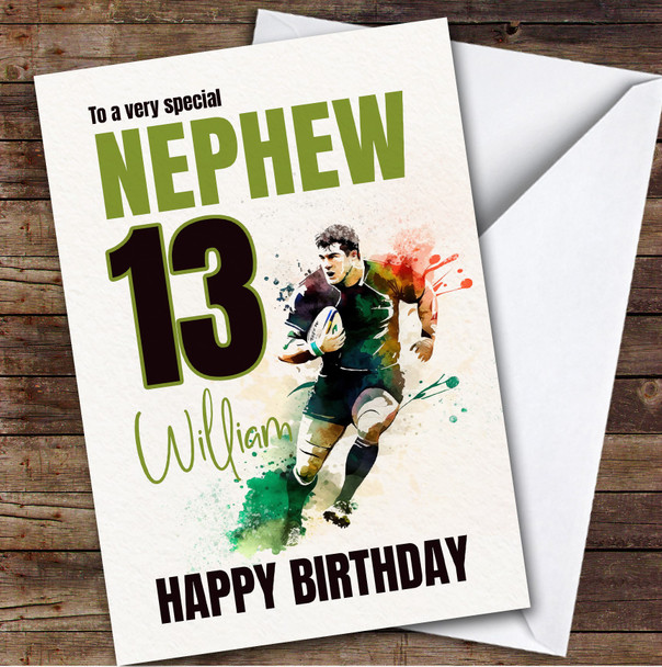 13th Nephew Splash Rugby Player Teenager Boys Custom Personalized Birthday Card