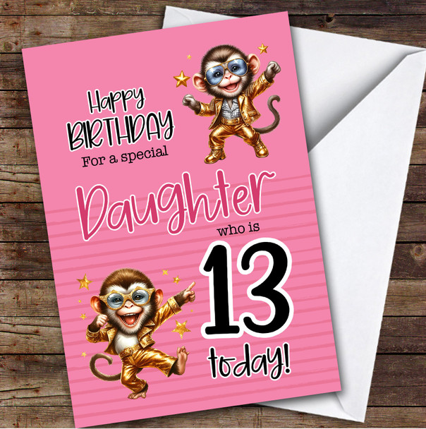 Daughter 13th Pink Dancing Monkeys Teenager Custom Personalized Birthday Card