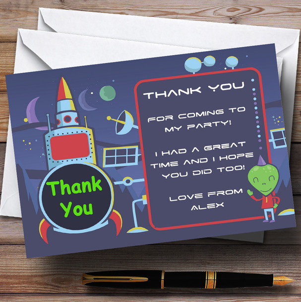 Space Alien Rocket Personalized Birthday Party Thank You Cards
