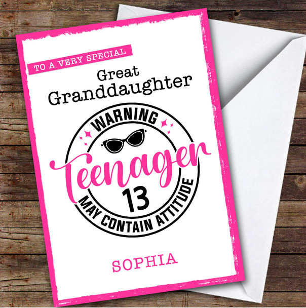 13th Great Granddaughter Pink Teenager Custom Personalized Birthday Card
