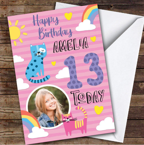 Cat Pink Rainbow Photo 13th Teenager Custom Personalized Birthday Card