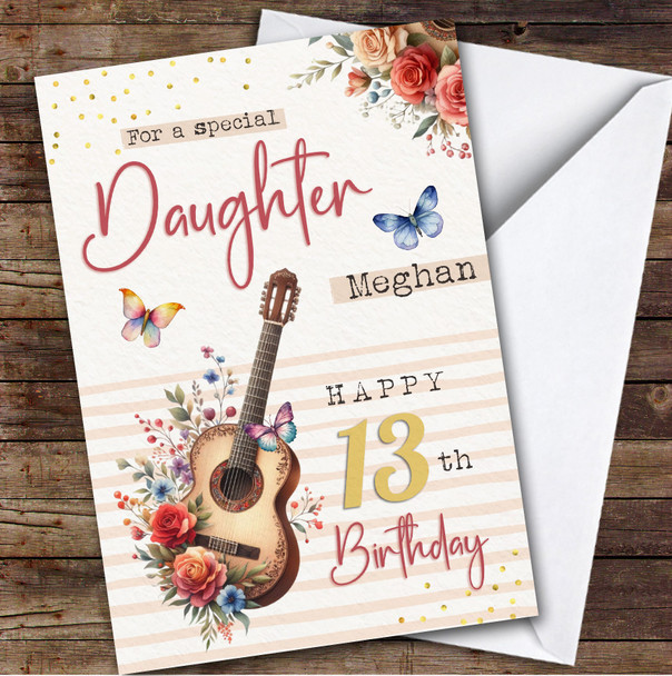 Daughter 13th Floral Guitar Teenager Custom Personalized Birthday Card