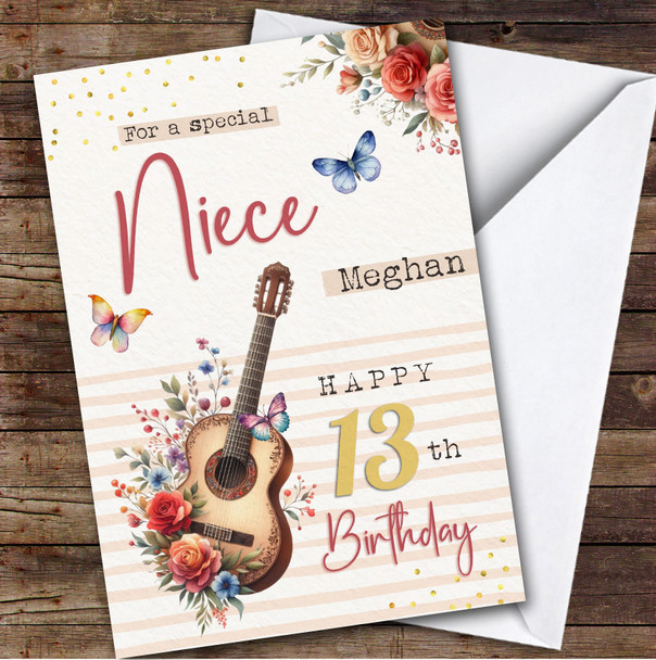 Niece 13th Floral Guitar Teenager Custom Personalized Birthday Card