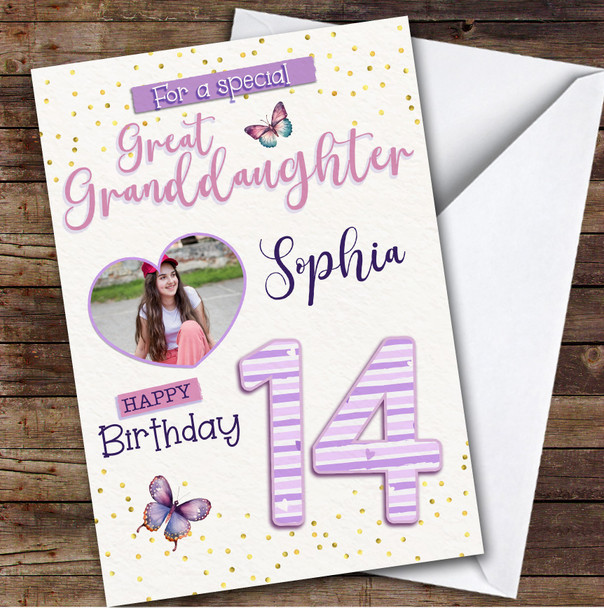 14th Great Granddaughter Butterflies Heart Photo Teen Personalized Birthday Card