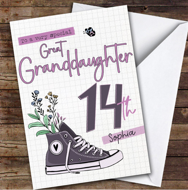 14th Great Granddaughter Trainers Sneakers Sport Teen Personalized Birthday Card
