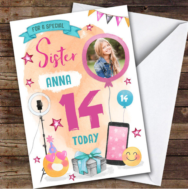 Phone Tech Online Selfie Emoji Photo Sister 14th Teen Personalized Birthday Card