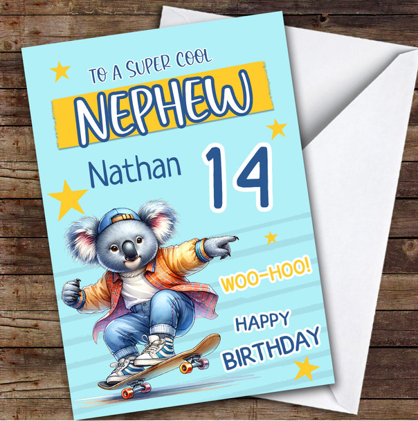 14th Nephew Skateboarding Koala Teenager Boys Custom Personalized Birthday Card