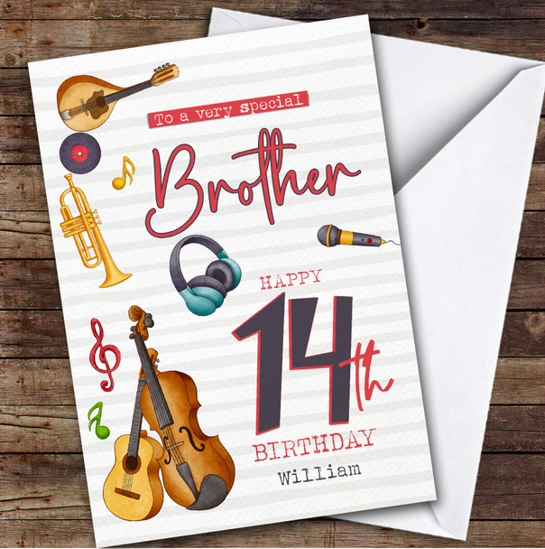 Brother 14th Music Instruments Teenager Boys Custom Personalized Birthday Card