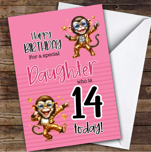 Daughter 14th Pink Dancing Monkeys Teenager Custom Personalized Birthday Card