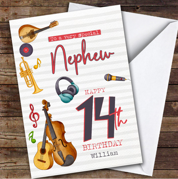 Nephew 14th Music Instruments Teenager Boys Custom Personalized Birthday Card