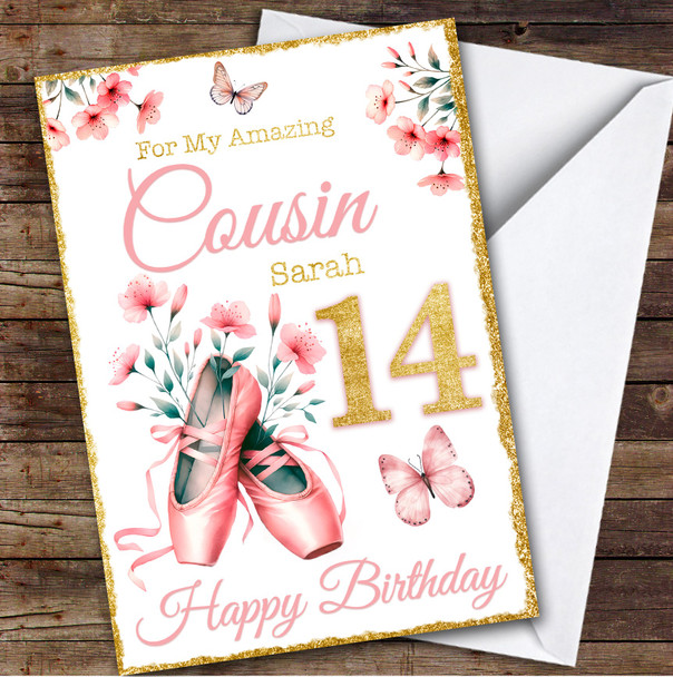 Cousin Gold 14th Ballet Dance Ballerina Teenager Personalized Birthday Card