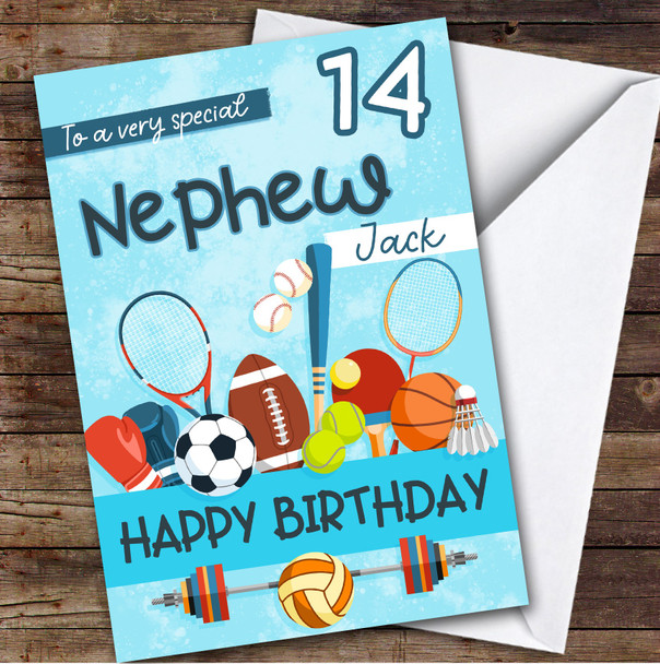 Nephew 14th Sport Equipment Teenager Boys Custom Personalized Birthday Card