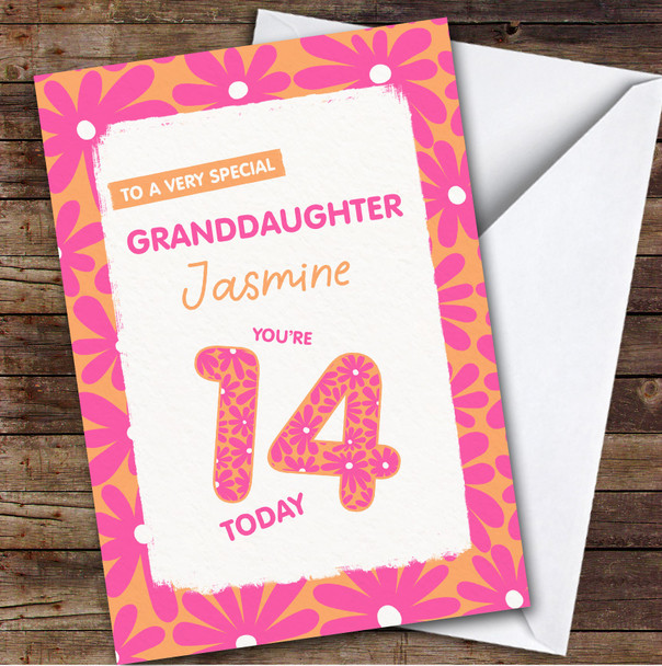 14th Granddaughter Pink Flowers Teenager Custom Personalized Birthday Card