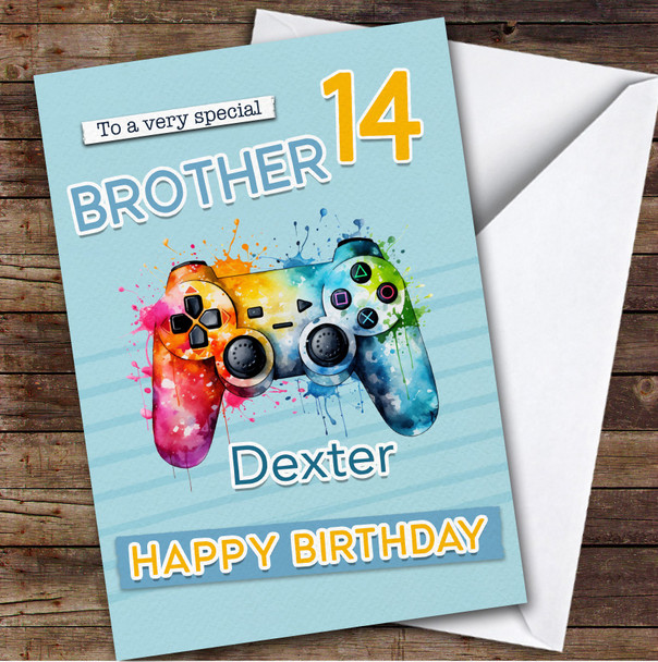 Brother 14th Gamepad Splash Gamer Teenager Boys Personalized Birthday Card
