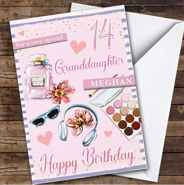 14th Granddaughter Pink Makeup Teenager Custom Personalized Birthday Card