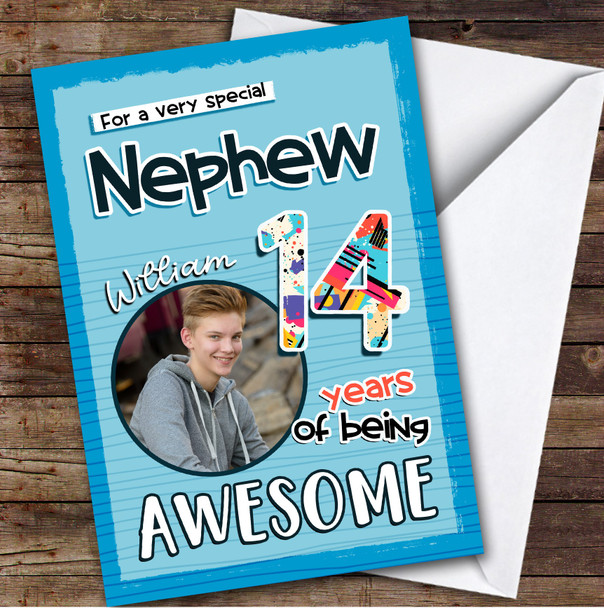 Blue Abstract 14th Nephew Teenager Boys Custom Personalized Birthday Card