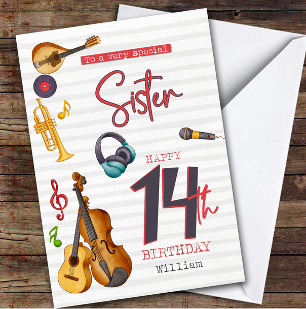 Sister 14th Music Instruments Teenager Custom Personalized Birthday Card