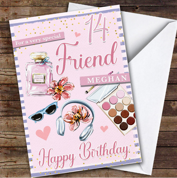 14th Friend Pink Makeup Teenager Custom Personalized Birthday Card