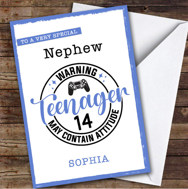 14th Nephew Blue Teenager Boys Custom Personalized Birthday Card
