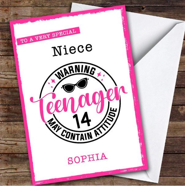 14th Niece Pink Teenager Custom Personalized Birthday Card