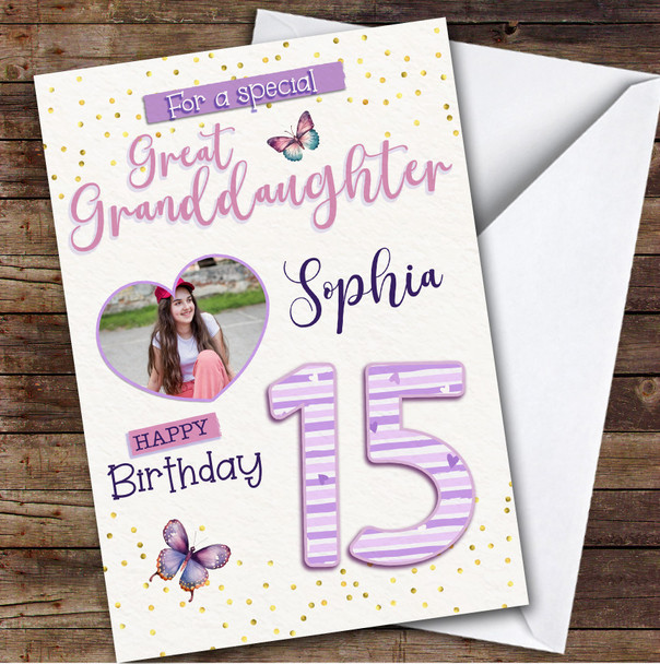 15th Great Granddaughter Butterflies Heart Photo Teen Personalized Birthday Card