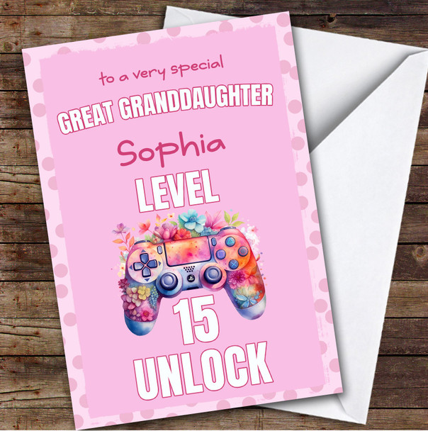 Great Granddaughter 15th Pink Girl Gamer Gaming Teen Personalized Birthday Card