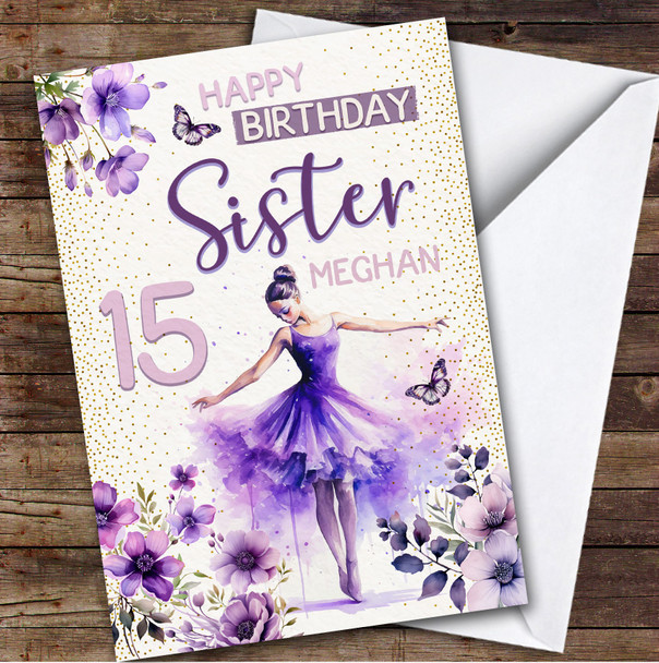 15th Sister Purple Ballet Dancer Ballerina Teenager Personalized Birthday Card
