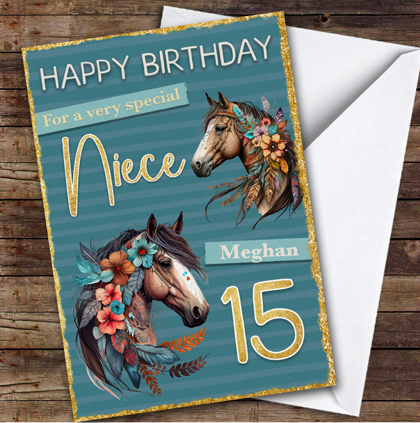 Niece 15th Floral Horse Riding Fan Teenager Custom Personalized Birthday Card