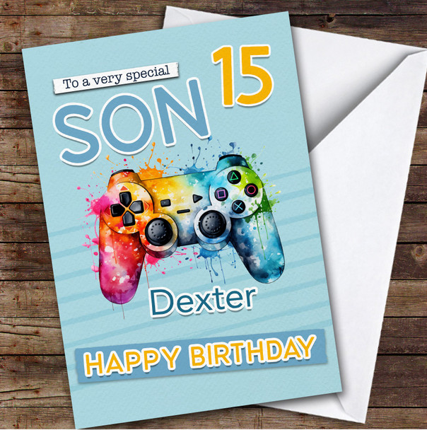 Son 15th Gamepad Splash Gamer Teenager Boys Custom Personalized Birthday Card