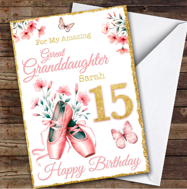 Great Granddaughter Gold 15th Ballet Dance Teen Personalized Birthday Card