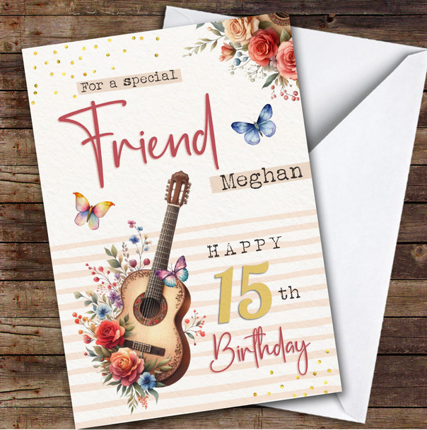 Friend 15th Floral Guitar Teenager Custom Personalized Birthday Card