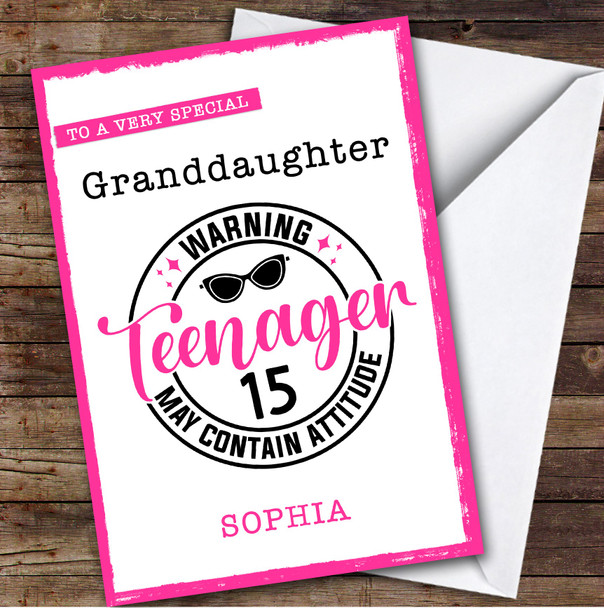 15th Granddaughter Pink Teenager Custom Personalized Birthday Card
